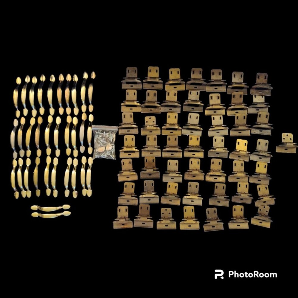 Large Lot of VTG Hardware - 50 Brass Belwith Hinges + 32 Belwith Cabinet Handles